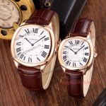Cartier Drive De Brown Leather Band Rose Gold Case Replica White Roman Dial Watch 